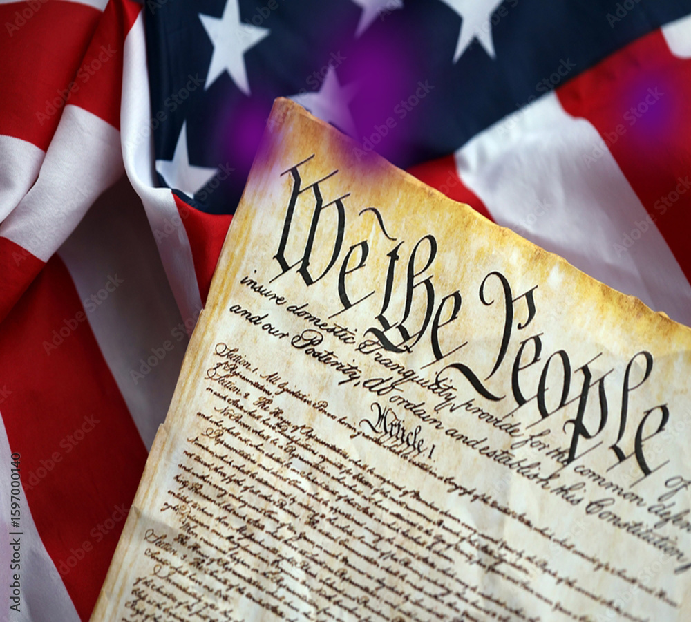 Fototapeta premium U.S. Constitution Preamble with American Flag on Vintage Paper - Patriotic Background