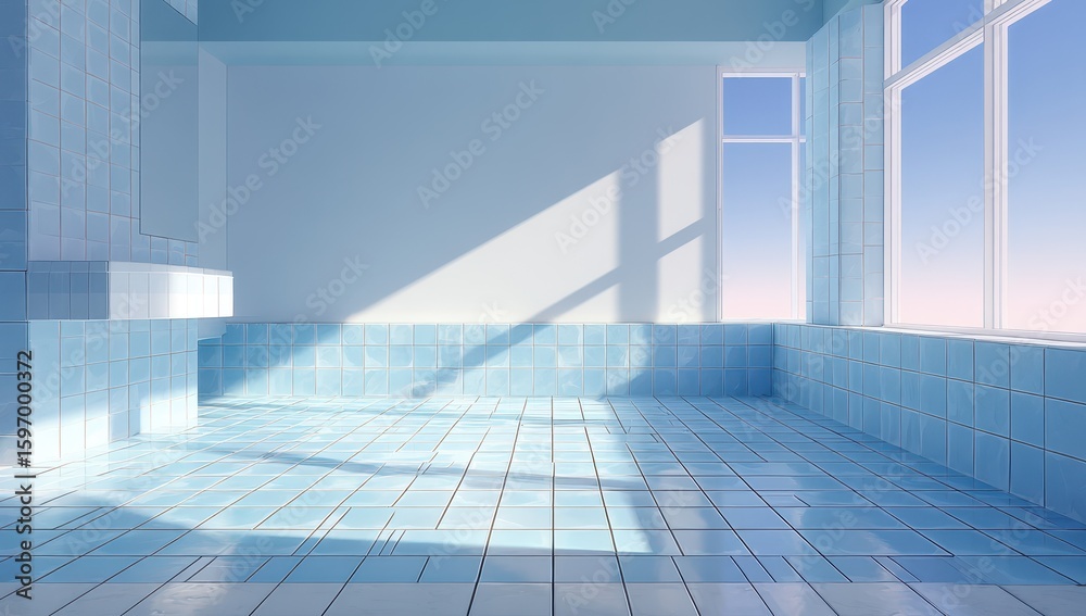 Fototapeta premium Light-filled, pastel blue bathroom with tiled walls and floor