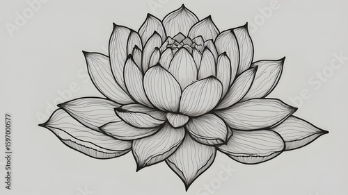  Minimalist black and white line art of a blooming lotus flower