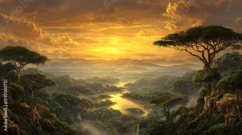 Golden Sunrise Over Lush Tropical Valley