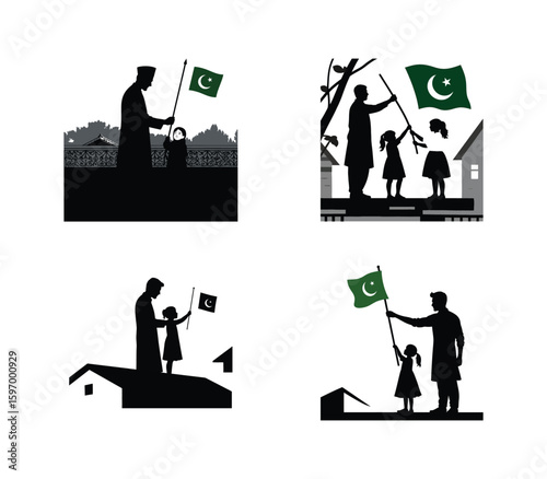 Silhouette of father and daughter raising Pakistan flag on rooftop, celebrating Independence Day