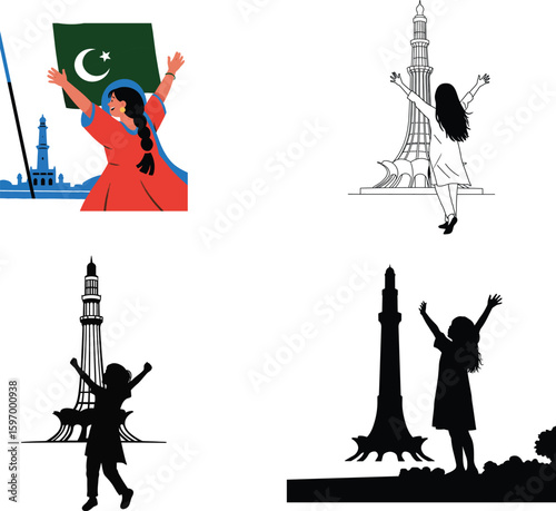 Girl silhouette raising arms in front of Minar-e-Pakistan, symbolizing freedom and national pride