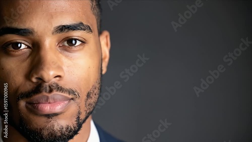 A detailed headshot of a man with brown eyes and a small beard