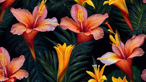 Tropical flowers (hibiscus, plumeria, bird of paradise) on a dark background with glowing effect 3