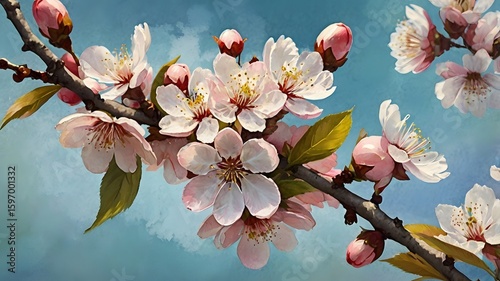 Watercolor-style digital painting of blooming cherry blossoms against a soft blue sky