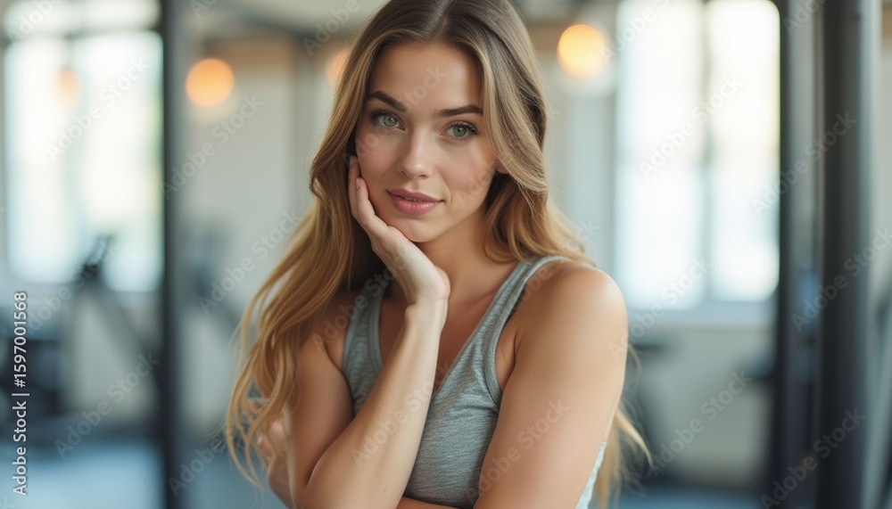 Fototapeta premium Confident young woman in fitness attire smiling at the gym