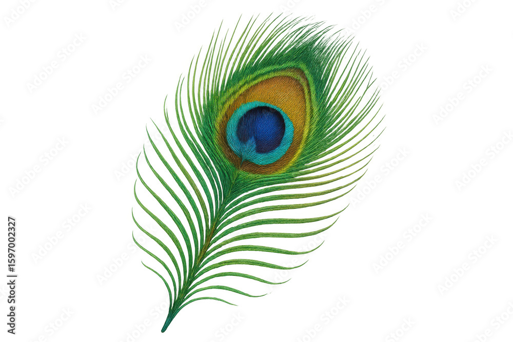Obraz premium Iridescent peacock feather displaying shimmering blue-green hues, revealing intricate patterns against transparent backdrop