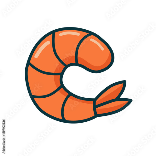 Flat cartoon shrimp vector icon in orange with clean outline. Perfect for seafood, culinary, or menu-related themes.