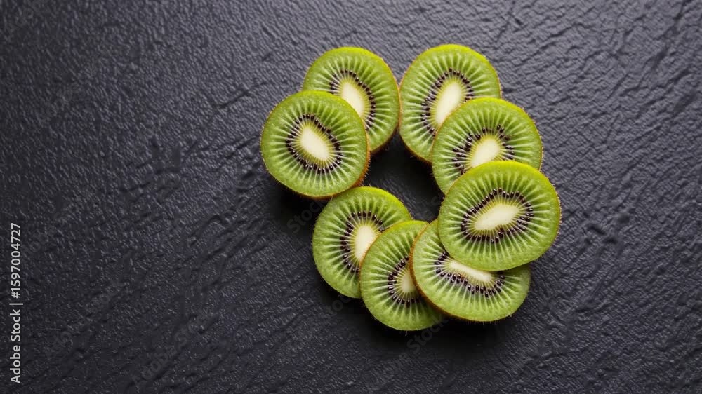 Enjoying fresh kiwi slices arranged beautifully on a dark textured surface for a healthy snack
