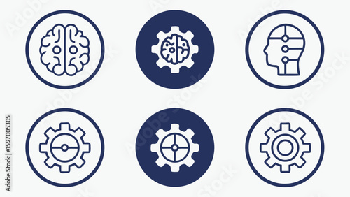 Artificial intelligence icons representing mechanical and intellectual ideas robot and gear icons set in outline style