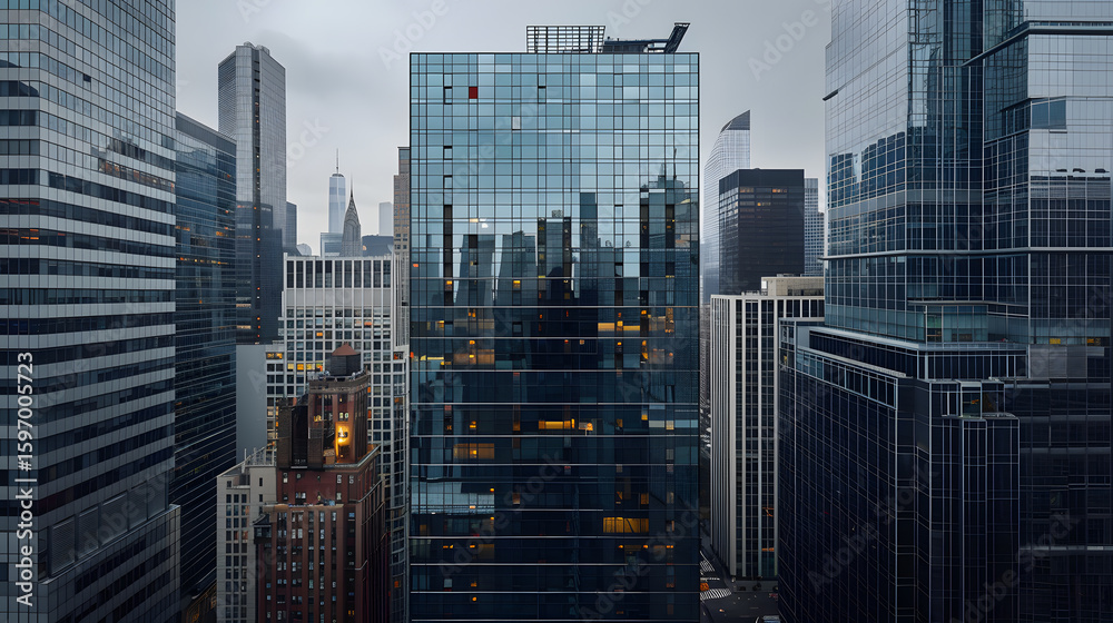 Obraz premium Solar Panels on Modern Office Building in Downtown New York with Urban Skyline, Overcast Morning Light and Glass Façade Reflections – Sustainable Energy Concept