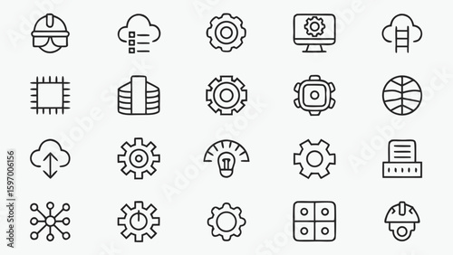 Artificial intelligence icons representing mechanical and intellectual ideas robot and gear icons set in outline style