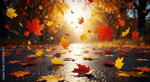 Falling autumn leaves on a wet road
