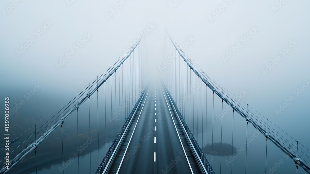 Obraz premium Misty suspension bridge spanning a body of water.