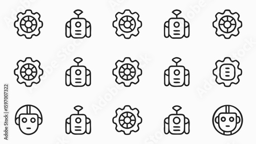 Artificial intelligence icons representing mechanical and intellectual ideas robot and gear icons set in outline style