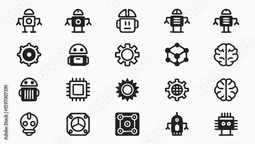 Artificial intelligence icons representing mechanical and intellectual ideas robot and gear icons set in outline style