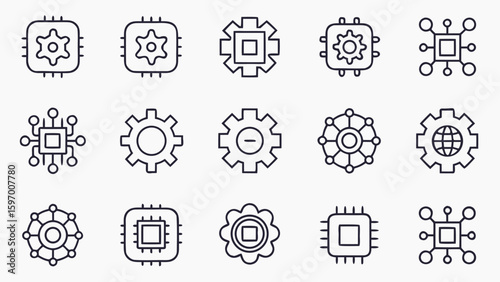 Artificial intelligence icons representing mechanical and intellectual ideas robot and gear icons set in outline style