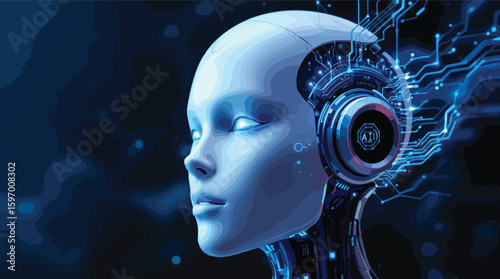 Futuristic artificial intelligence portrait illustration featuring a humanoid robot with integrated circuitry.