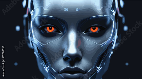 Futuristic female android portrait with glowing red eyes and cybernetic features.