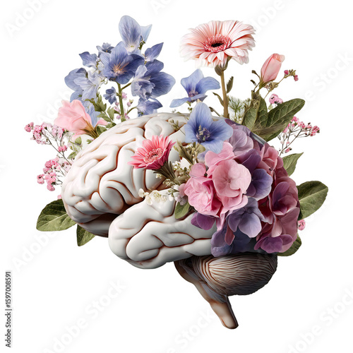 Human brain intertwined with vibrant flowers, symbolizing intellect and creativity, representing mental health, learning, and cognitive growth, and the beauty of the mind