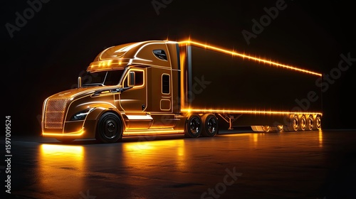Golden truck with glowing lights on a dark background.