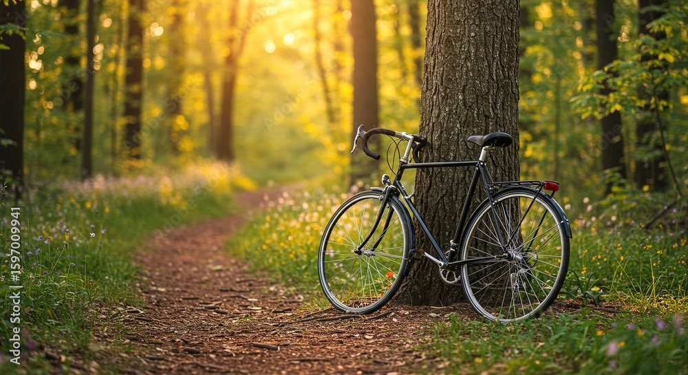 Fototapeta premium Bicycle leans against a tree in a forest with sunlight filtering through.