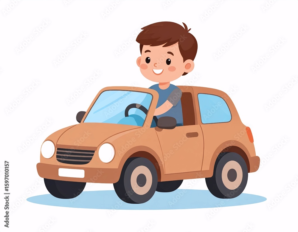 Fototapeta premium Cartoon Boy Driving a Tan Car with Blue Windows on White Background