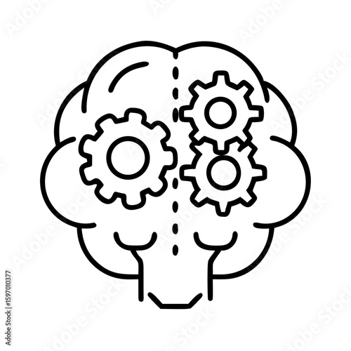 A stylized line art icon depicting a brain with internal gears, symbolizing thought and cognition