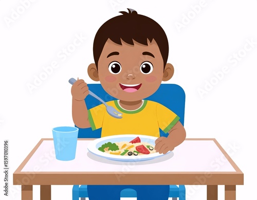 Joyful Boy Eating Healthy Meal at Table, Cartoon Illustration