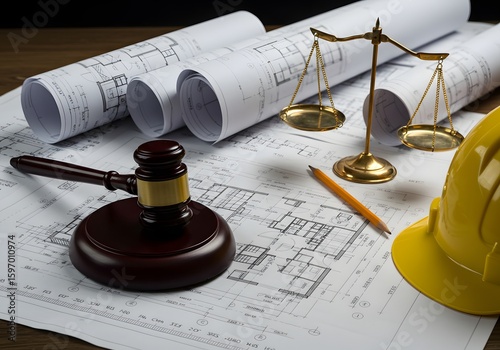 Construction Law and Regulations Blueprints, Scales of Justice, Gavel, Hardhat, and Pencil on Architectural Plans.
