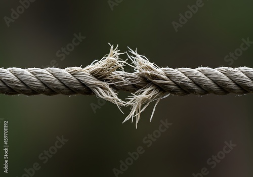 Close-up of a Broken Rope on a Blurred Background. Focus on frayed ends. Texture and Detail.