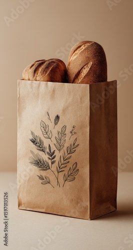 Brown paper bag with drawn leaves and bread