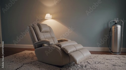 Comfortable reclining chair in dimly lit room with portable oxygen tank nearby and soft rug on the floor