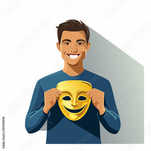 Figure with mask hiding true face, symbolizing insecurity and imposter syndrome, drawn in metaphorical vector style.