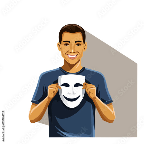 Figure with mask hiding true face, symbolizing insecurity and imposter syndrome, drawn in metaphorical vector style.