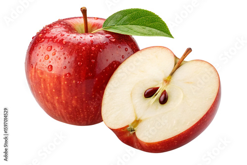 Fresh red apple with water droplets and green leaf along with a sliced apple showing the seeds against transparent background