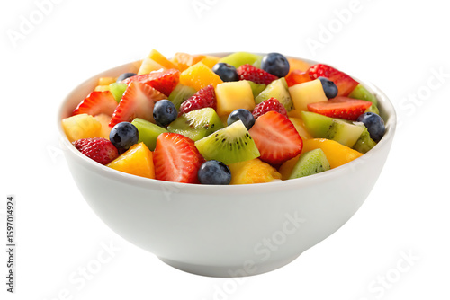Bowl of colorful fruit salad with fresh strawberries, mango, kiwi, and blueberries for a refreshing and healthy snack option