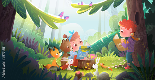 Children boy and girl reading a book with animals in wild forest among trees. Fox bear and bunny characters reading book in forest. Cartoon vector illustration of kids, learning, and fantasy adventure