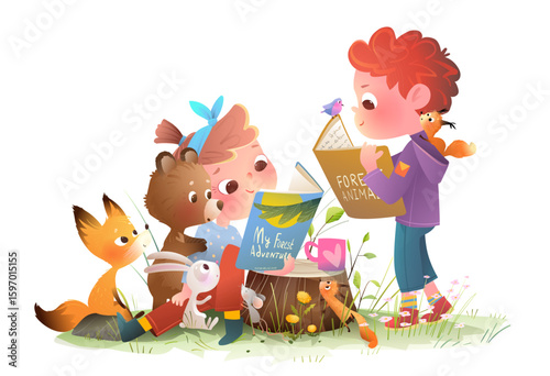 Cute girl and boy children sitting on grass reading books with wild animals friends in forest. Fox, bunny, bear, and squirrel in woods reading a book. Vector cartoon illustration for kids education