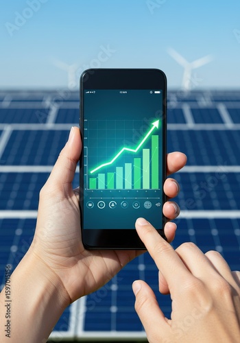 Hands hold smartphone displaying a rising graph with solar panels in background.