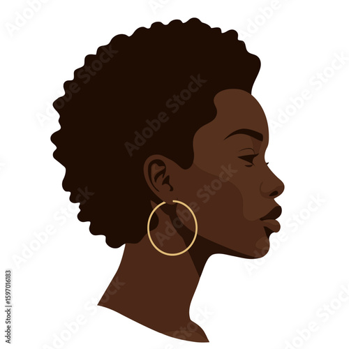 Vector portrait, poster, avatar, illustration African American, black woman, sideways pose. Curly afro hairstyle avatar for social networks