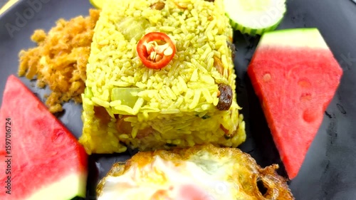 Pineapple Baked rice in plate, indoor Chiangmai Thailand.