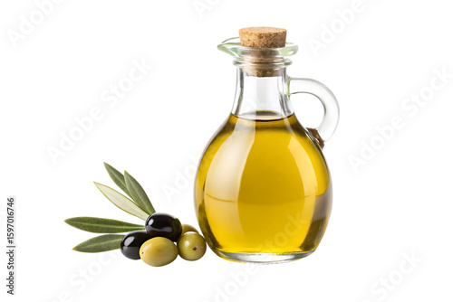 Olive oil in glass bottle alongside green leaves and black and green olives presents a natural and healthy culinary composition