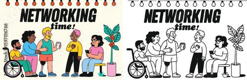 hand-drawn illustration of people with different ethnicity and physical abilities having conversations. social group of people networking in friendly inclusive environment. graphic design poster style