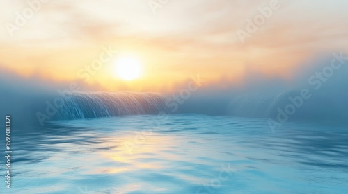 A serene waterfall flows into a tranquil pool, bathed in the soft glow of a sunrise, creating a peaceful and calming scene with gentle water ripples and a misty atmosphere.
