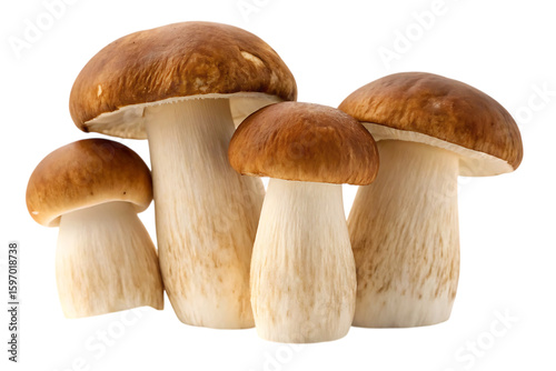 Four fresh porcini mushrooms displayed together, perfect for culinary and nature-themed projects, creating a visually appealing composition