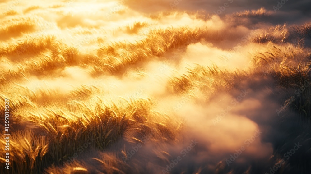 Fototapeta premium Golden wheat field shimmers in the sunlight, creating a dreamy and ethereal landscape with a soft, hazy atmosphere perfect for conveying peace and tranquility.