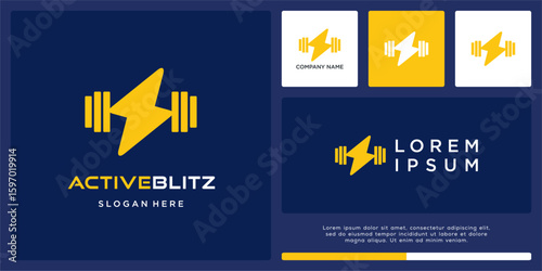 Unique fitness logo design with blitz and barbell combine