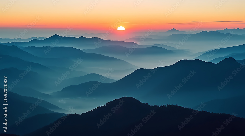 Fototapeta premium Misty mountain range at sunrise with golden sun and blue hues
