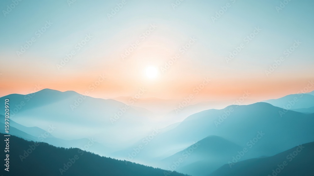 Fototapeta premium Layered mountain ridges bathed in soft light create a serene landscape, perfect for backgrounds, travel themes, or conveying peace and tranquility in design projects.